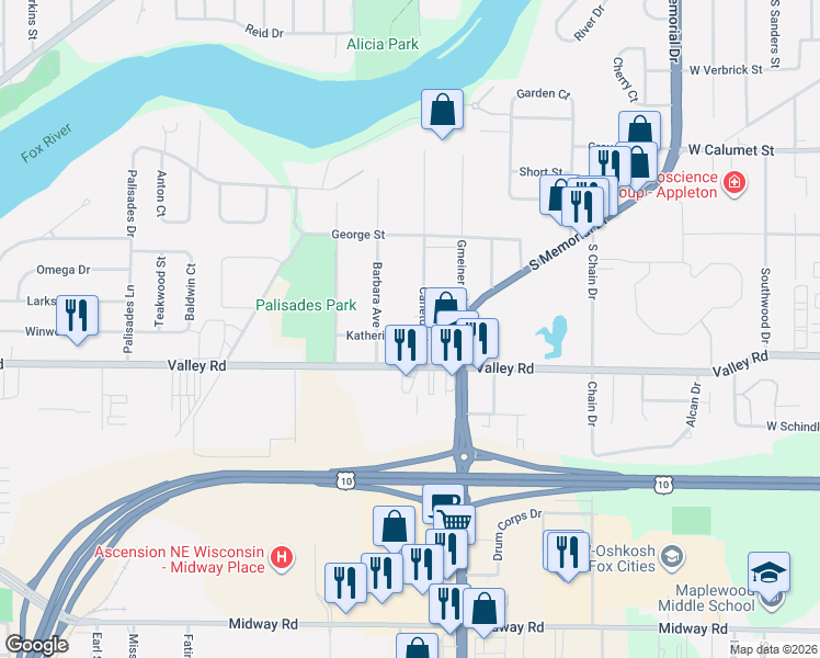 map of restaurants, bars, coffee shops, grocery stores, and more near 1320 Katherine Street in Appleton