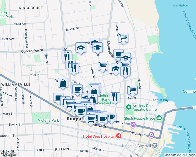 map of restaurants, bars, coffee shops, grocery stores, and more near 70 John Street in Kingston