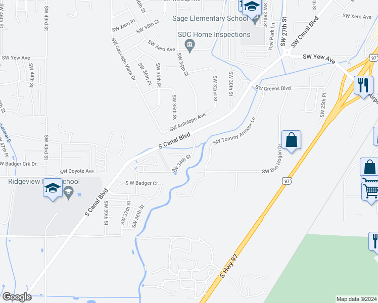 map of restaurants, bars, coffee shops, grocery stores, and more near 4187 Southwest 34th Street in Redmond