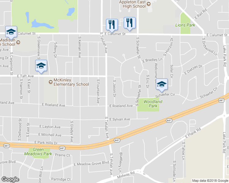 map of restaurants, bars, coffee shops, grocery stores, and more near 2530 South Jason Drive in Appleton