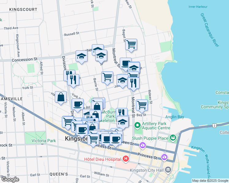 map of restaurants, bars, coffee shops, grocery stores, and more near 68 Markland Street in Kingston