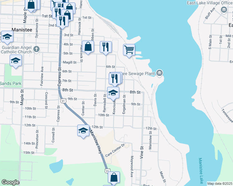 map of restaurants, bars, coffee shops, grocery stores, and more near 800-898 Kosciusko Street in Manistee