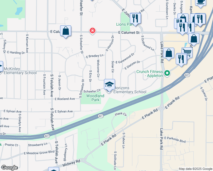 map of restaurants, bars, coffee shops, grocery stores, and more near 2110 Schaefer Circle in Appleton