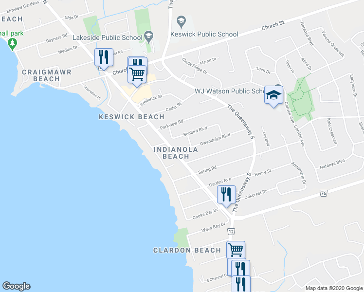 map of restaurants, bars, coffee shops, grocery stores, and more near 180 Gwendolyn Boulevard in Georgina