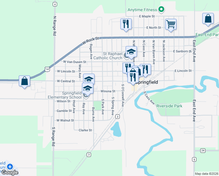 map of restaurants, bars, coffee shops, grocery stores, and more near 20 South Spring Avenue in Springfield