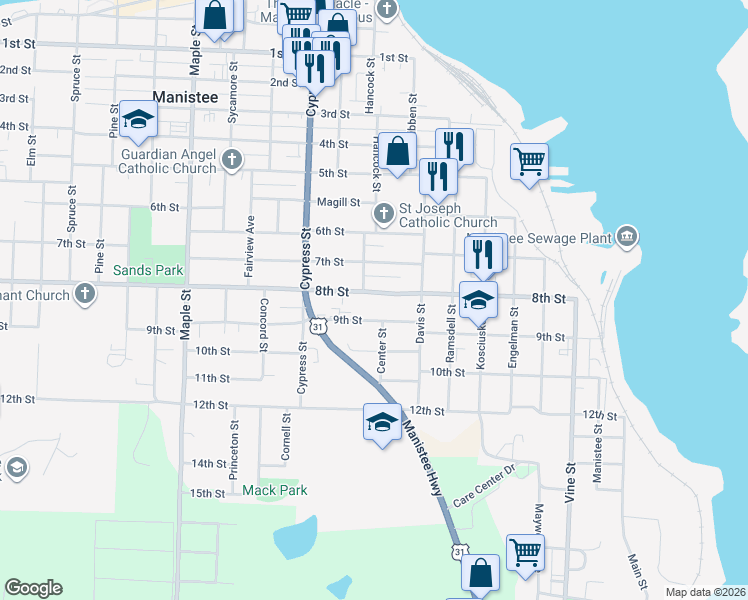 map of restaurants, bars, coffee shops, grocery stores, and more near 255 8th Street in Manistee