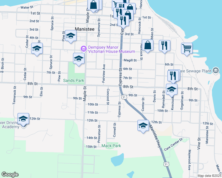 map of restaurants, bars, coffee shops, grocery stores, and more near 811 Concord Street in Manistee