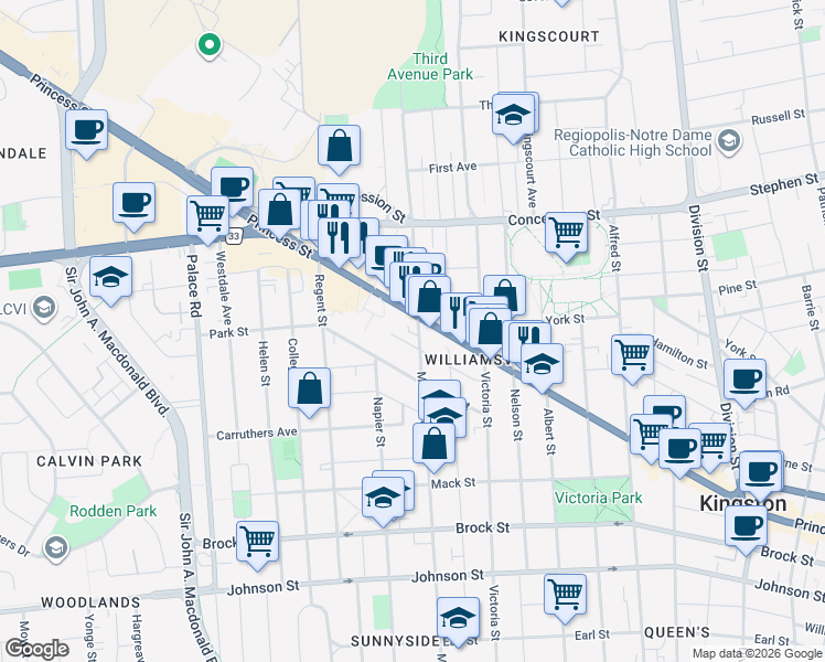 map of restaurants, bars, coffee shops, grocery stores, and more near 430 MacDonnell Street in Kingston