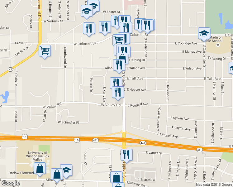 map of restaurants, bars, coffee shops, grocery stores, and more near 2639 South Oneida Street in Appleton