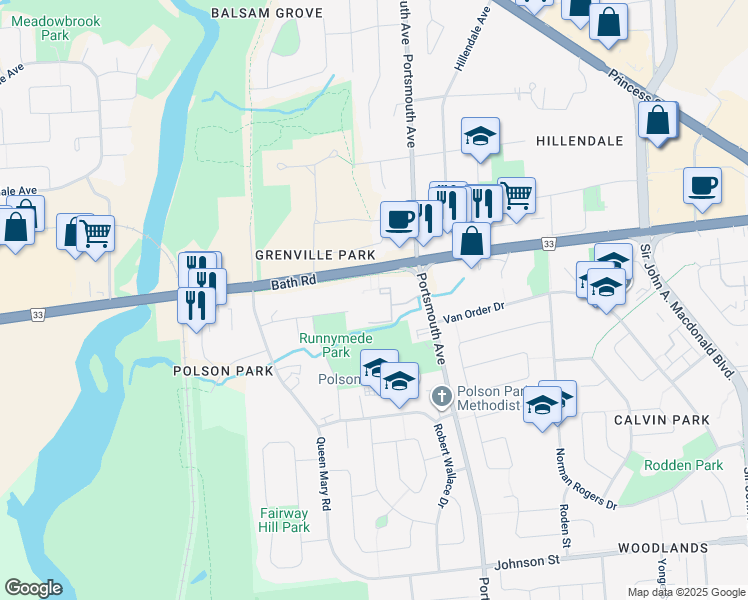 map of restaurants, bars, coffee shops, grocery stores, and more near 35 Eldon Hall Place in Kingston