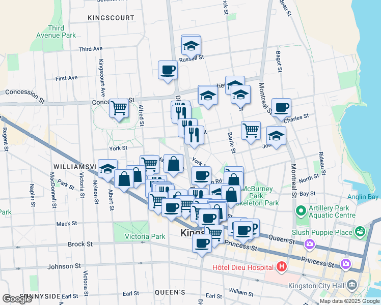 map of restaurants, bars, coffee shops, grocery stores, and more near 12 Prime Street in Kingston