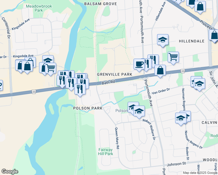 map of restaurants, bars, coffee shops, grocery stores, and more near in Kingston