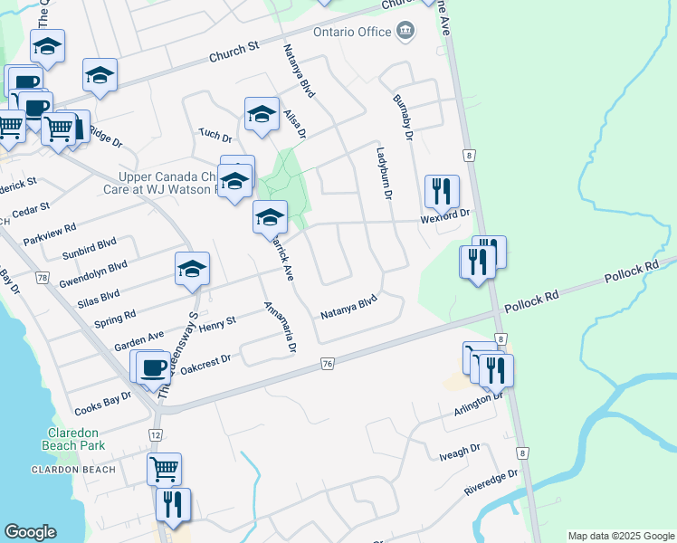 map of restaurants, bars, coffee shops, grocery stores, and more near 45 Kyle Crescent in Georgina