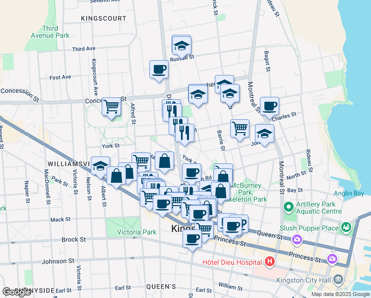map of restaurants, bars, coffee shops, grocery stores, and more near 12 Prime Street in Kingston