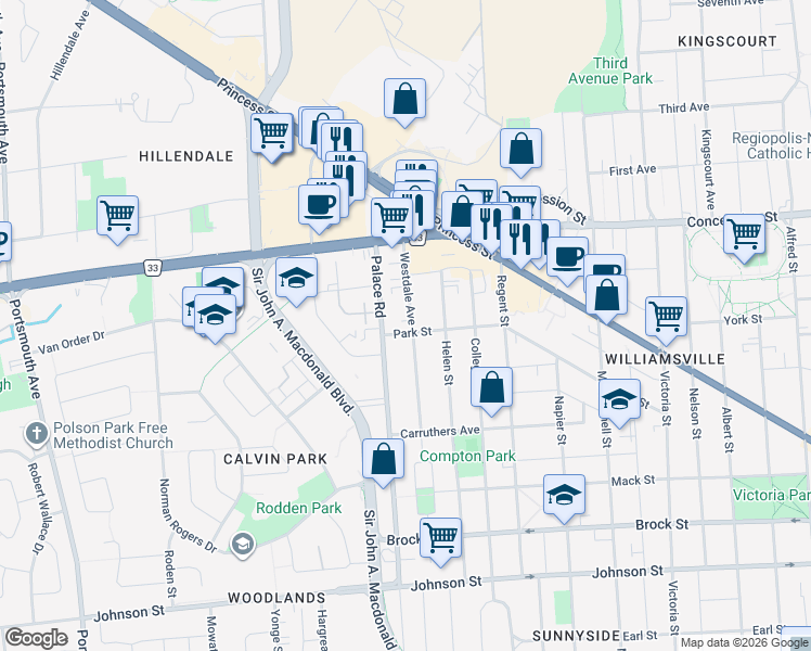 map of restaurants, bars, coffee shops, grocery stores, and more near 277 Park Street in Kingston