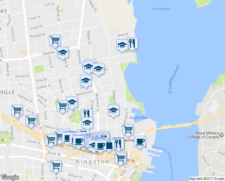 map of restaurants, bars, coffee shops, grocery stores, and more near in Kingston