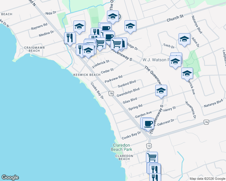 map of restaurants, bars, coffee shops, grocery stores, and more near 77 Sunbird Boulevard in Georgina