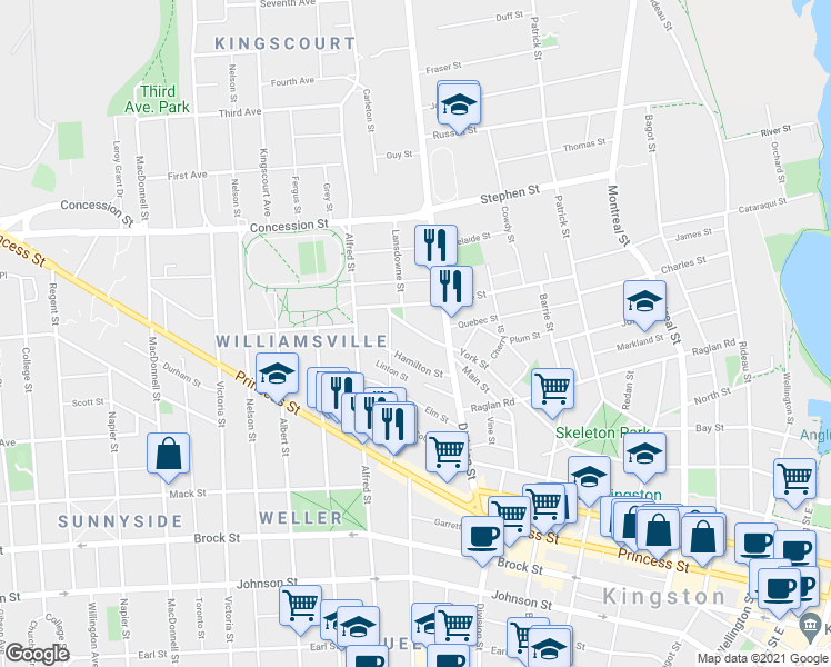 map of restaurants, bars, coffee shops, grocery stores, and more near 196 York Street in Kingston