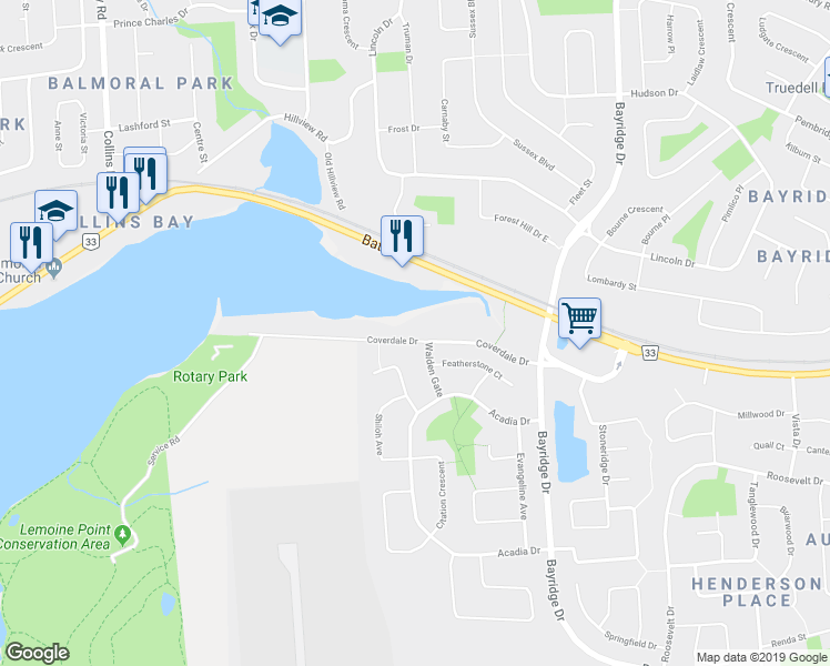 map of restaurants, bars, coffee shops, grocery stores, and more near 1142 Coverdale Drive in Kingston