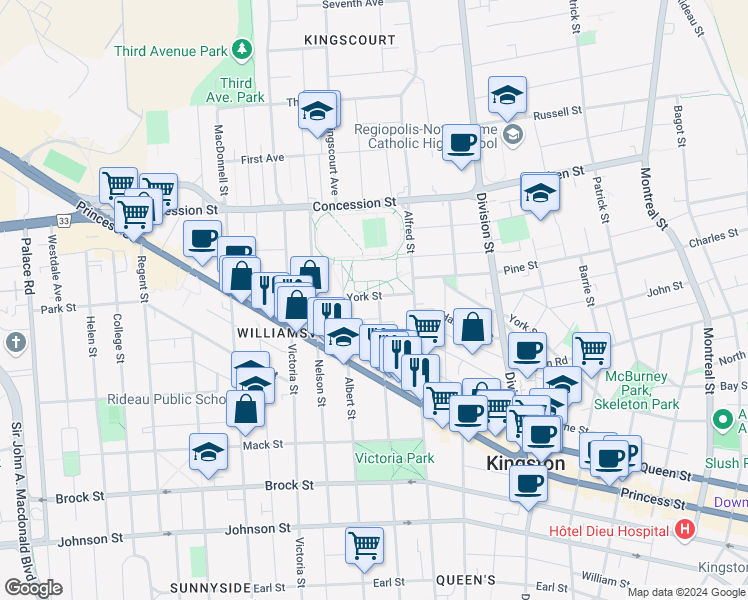map of restaurants, bars, coffee shops, grocery stores, and more near 574 Frontenac Street in Kingston