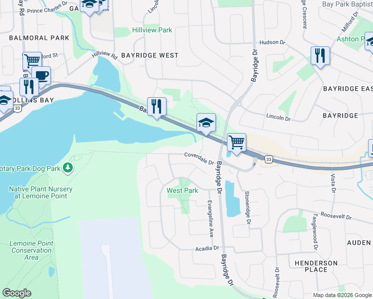 map of restaurants, bars, coffee shops, grocery stores, and more near 1098 Coverdale Drive in Kingston