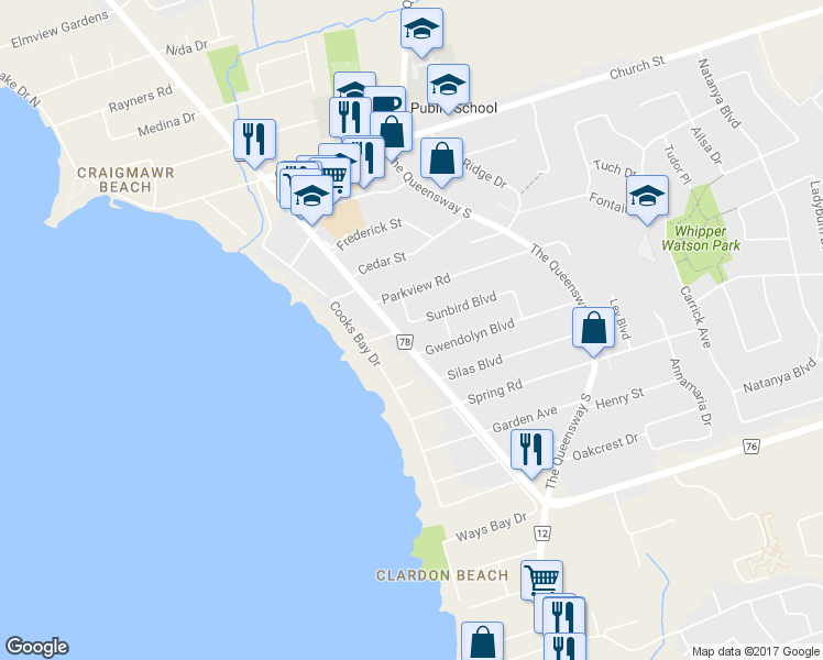 map of restaurants, bars, coffee shops, grocery stores, and more near 77 Sunbird Boulevard in Georgina