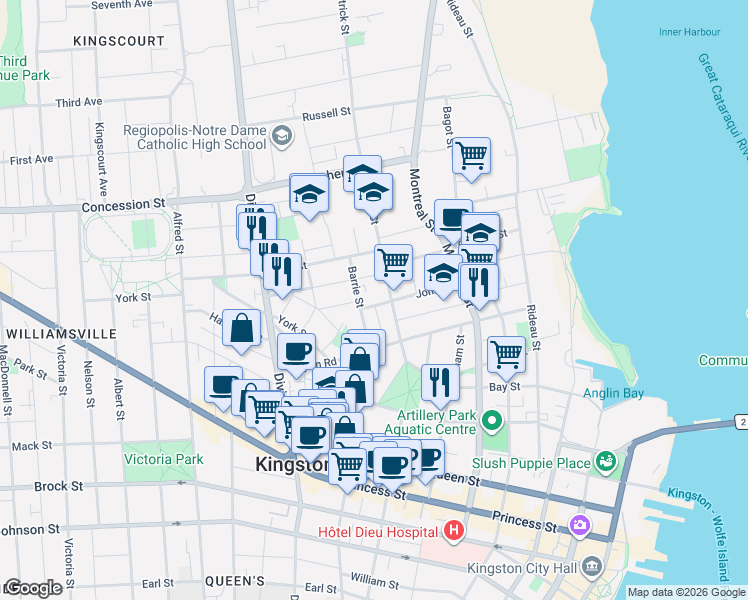 map of restaurants, bars, coffee shops, grocery stores, and more near 69 John Street in Kingston