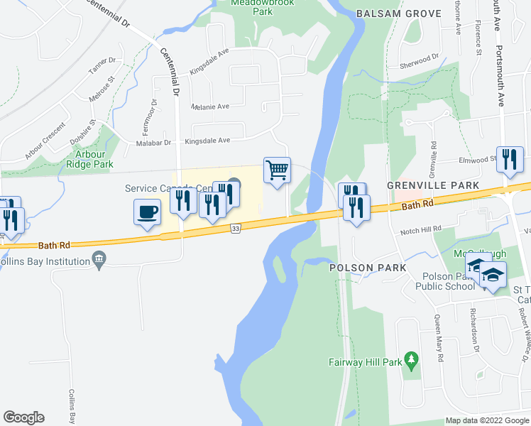 map of restaurants, bars, coffee shops, grocery stores, and more near 1296 Bath Road in Kingston