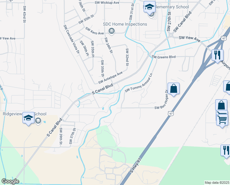 map of restaurants, bars, coffee shops, grocery stores, and more near 4199 Southwest 34th Street in Redmond