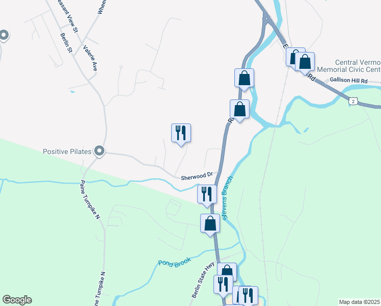 map of restaurants, bars, coffee shops, grocery stores, and more near 91 Forest Drive in Montpelier