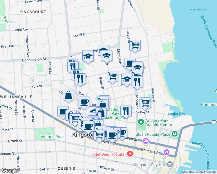map of restaurants, bars, coffee shops, grocery stores, and more near 70 John Street in Kingston