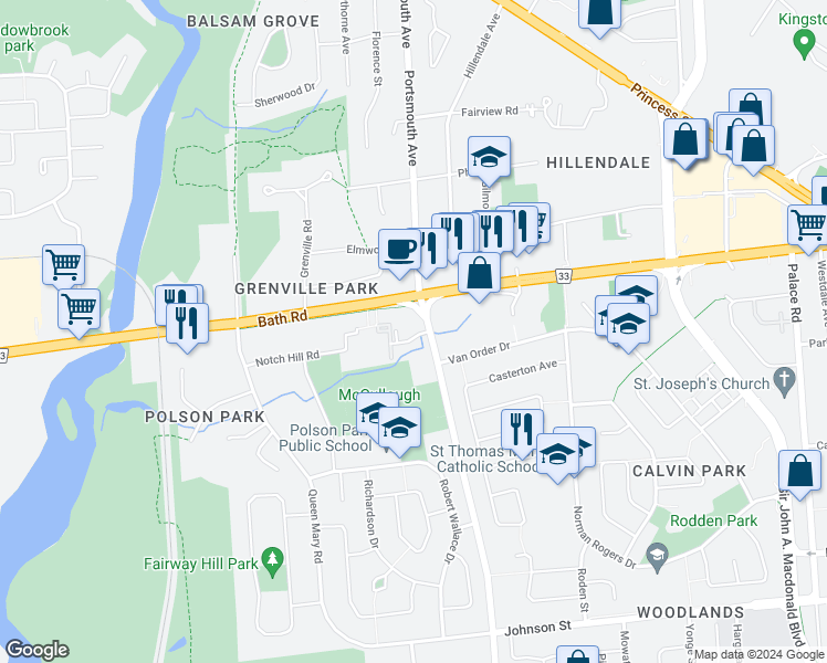 map of restaurants, bars, coffee shops, grocery stores, and more near 508 Portsmouth Avenue in Kingston