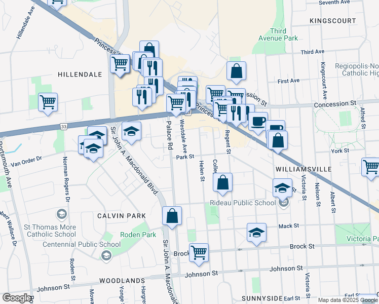 map of restaurants, bars, coffee shops, grocery stores, and more near 269 Westdale Avenue in Kingston