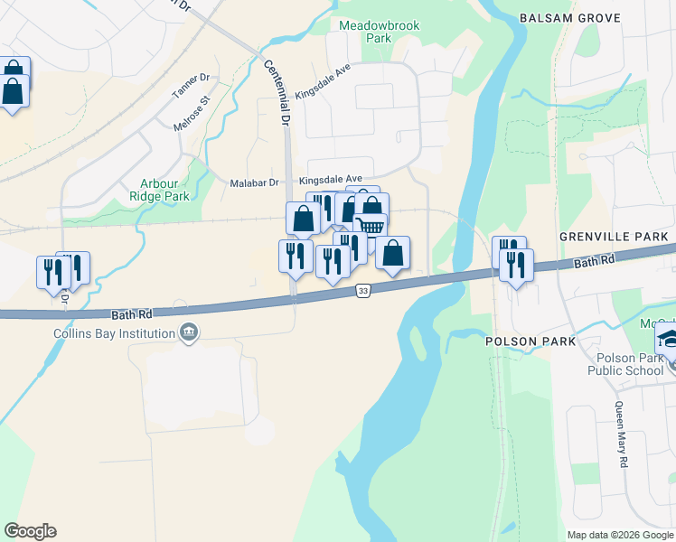 map of restaurants, bars, coffee shops, grocery stores, and more near in Kingston