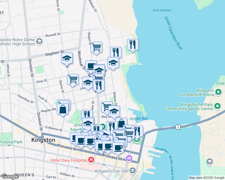 map of restaurants, bars, coffee shops, grocery stores, and more near 186 Rideau Street in Kingston