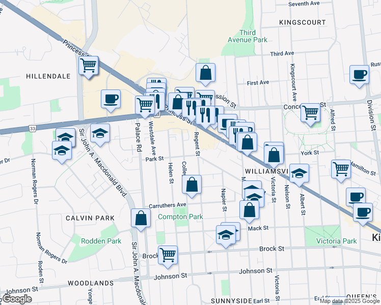 map of restaurants, bars, coffee shops, grocery stores, and more near 207 Park Street in Kingston