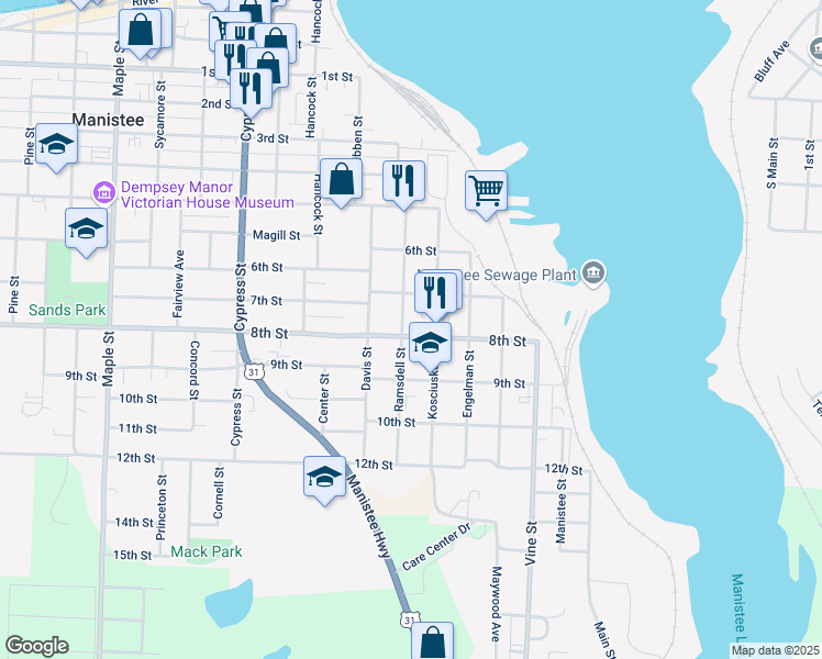 map of restaurants, bars, coffee shops, grocery stores, and more near 810 Ramsdell Street in Manistee