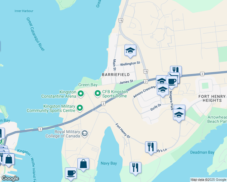 map of restaurants, bars, coffee shops, grocery stores, and more near 150 Main Street in Kingston