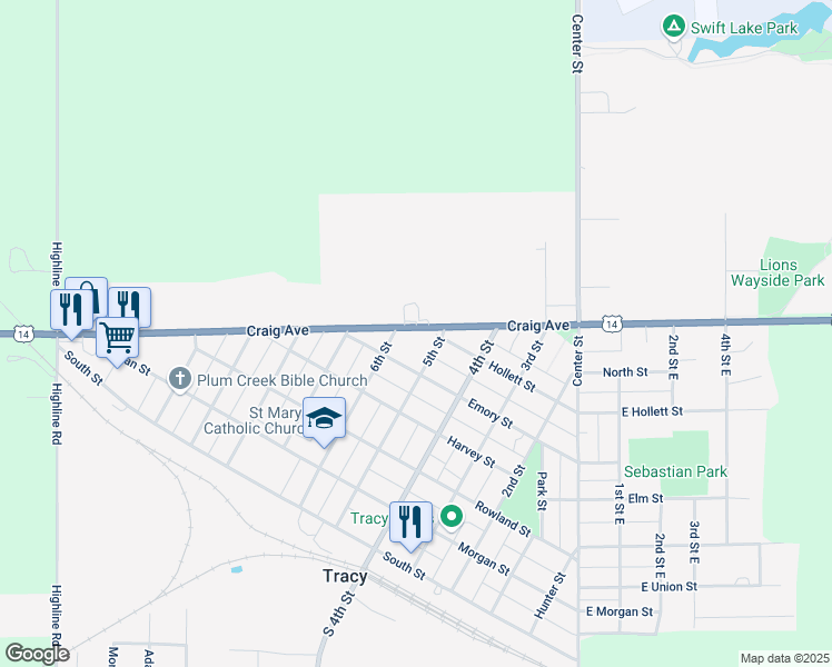 map of restaurants, bars, coffee shops, grocery stores, and more near 536 Emory Street in Tracy