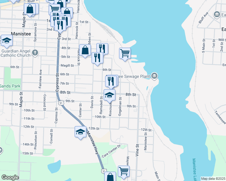 map of restaurants, bars, coffee shops, grocery stores, and more near 898 Kosciusko St in Manistee