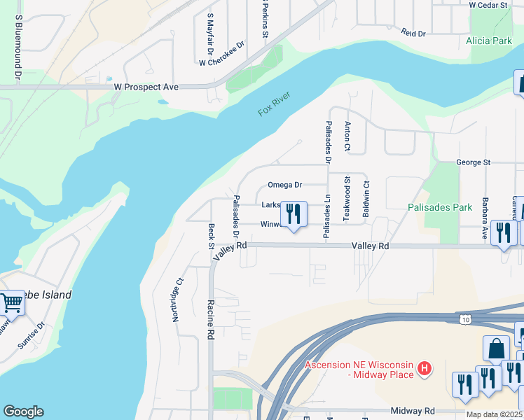 map of restaurants, bars, coffee shops, grocery stores, and more near 2235 Winwood Drive in Appleton