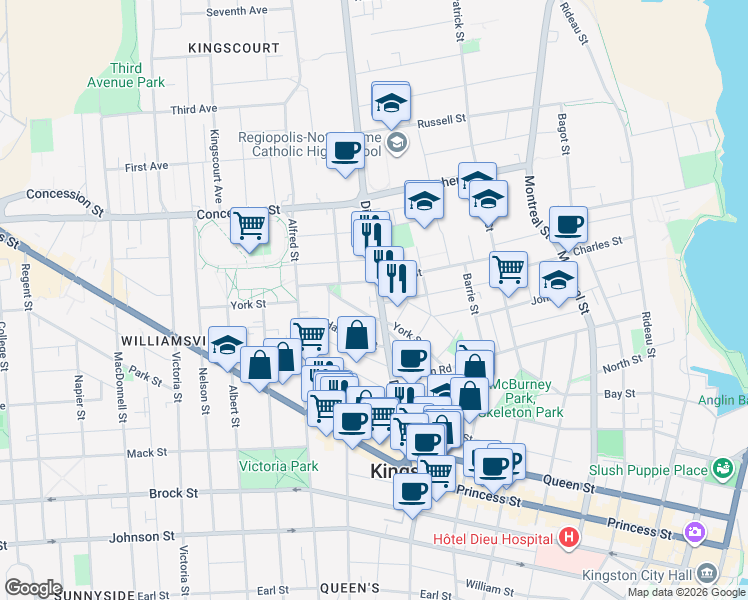 map of restaurants, bars, coffee shops, grocery stores, and more near in Kingston