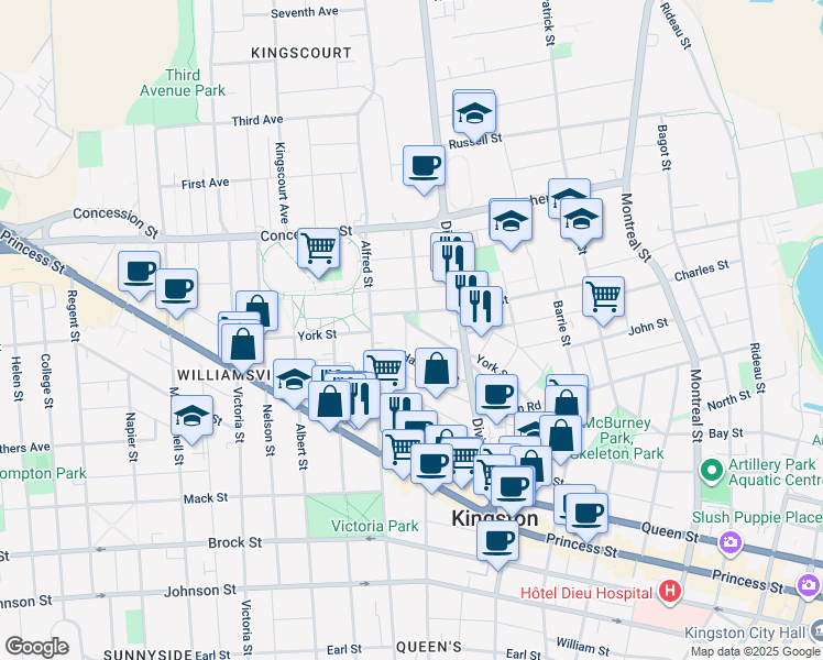 map of restaurants, bars, coffee shops, grocery stores, and more near in Kingston