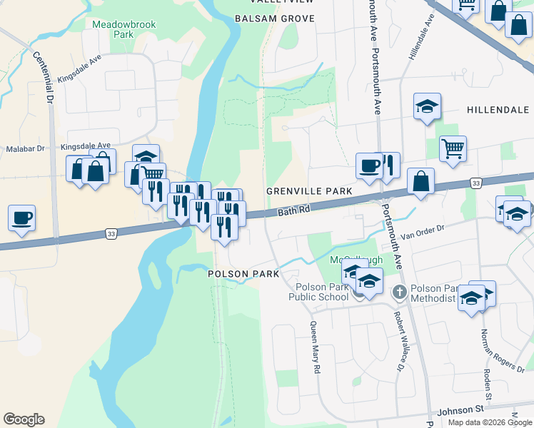 map of restaurants, bars, coffee shops, grocery stores, and more near 396 Bath Road in Kingston