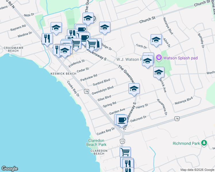 map of restaurants, bars, coffee shops, grocery stores, and more near 156 Gwendolyn Boulevard in Georgina