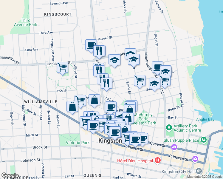map of restaurants, bars, coffee shops, grocery stores, and more near 98 Quebec Street in Kingston