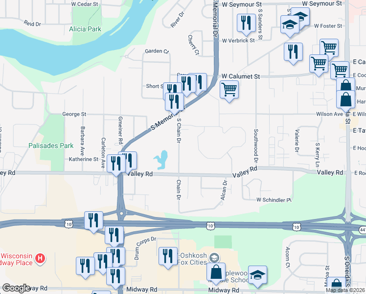 map of restaurants, bars, coffee shops, grocery stores, and more near 536 Chain Drive in Appleton