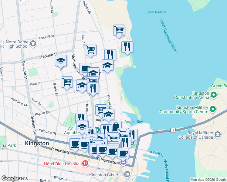 map of restaurants, bars, coffee shops, grocery stores, and more near 205 Rideau Street in Kingston