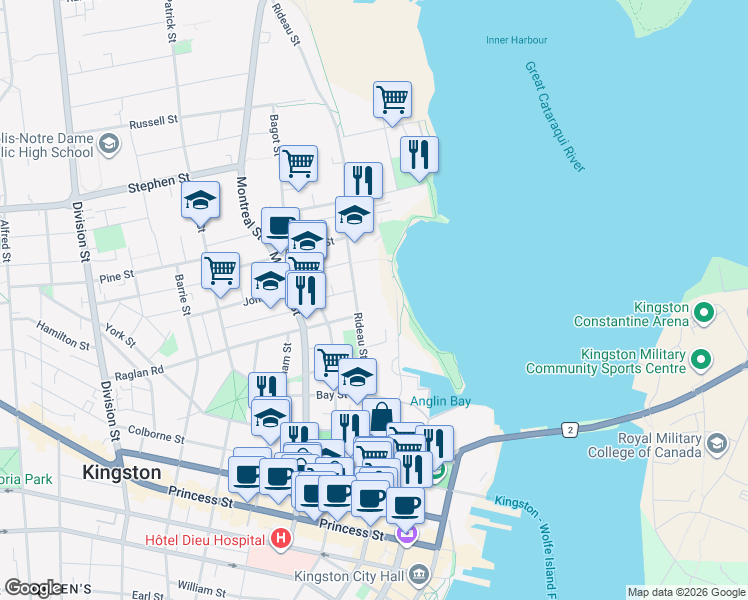 map of restaurants, bars, coffee shops, grocery stores, and more near 205 Rideau Street in Kingston