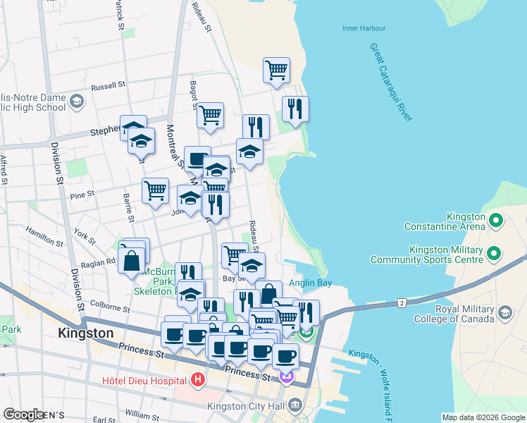 map of restaurants, bars, coffee shops, grocery stores, and more near 205 Rideau Street in Kingston